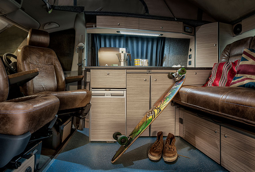 Interior of a converted VW Camper by 8 Ball Campers